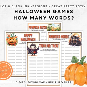May include: Four printable Halloween game cards with a pumpkin, vampire, haunted house, and trick or treat theme. Each card has a title and instructions for a word search game. The cards are designed with a watercolor style and feature Halloween imagery.
