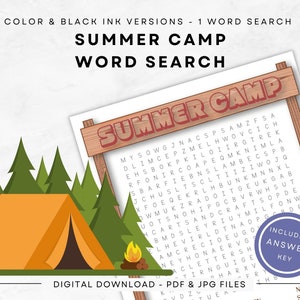 Búsqueda de palabras en campamentos de verano, descarga instantánea/impresión en color/tinta negra/carta estadounidense: páginas completas/medias/mantenga su cerebro alerta con rompecabezas