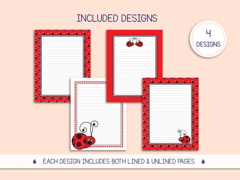 Ladybug Printable Stationery Writing Paper for Instant Download Digital Note Paper Lined