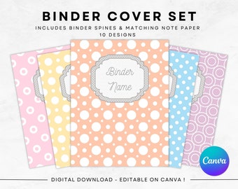 May include: Set of 10 printable binder covers with polka dot patterns in pink, yellow, blue, and purple. The covers are editable on Canva and include matching note paper.