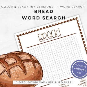 Bread Word Search, Instant Download | Print in Color/Black Ink | US Letter - Full/Half Pages | Keep your Brain Sharp with Puzzles