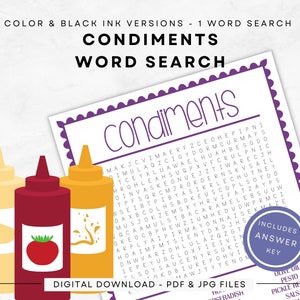 Condiments Word Search, Instant Download | Print in Color/Black Ink | US Letter - Full/Half Pages | Keep your Brain Sharp with Puzzles