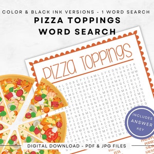 Pizza Toppings Word Search, Instant Download | Print in Color/Black Ink | US Letter - Full/Half Pages | Keep your Brain Sharp with Puzzles