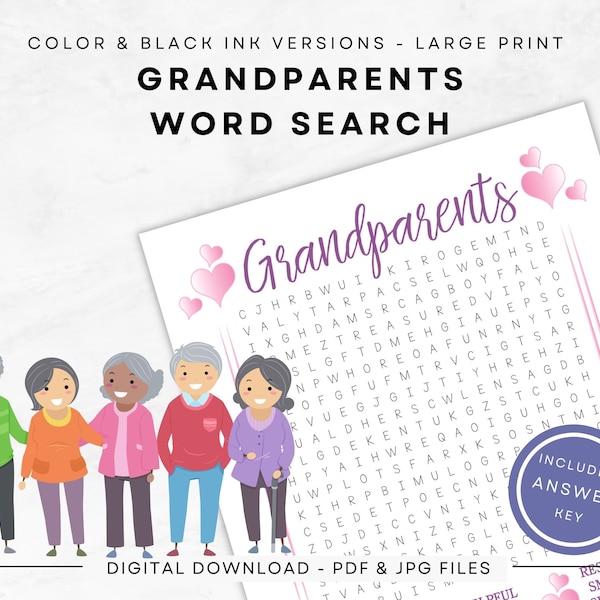 Grandparents Word Search to play with the grandkids Instant Download, Large Print, Print in Color/Black Ink, US Letter - Full/Half Pages