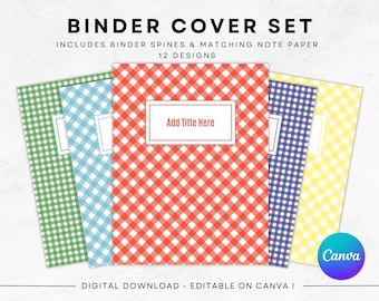 May include: A set of binder covers with a gingham pattern in green, blue, red, navy, and yellow. Each cover has a white rectangle for a title. The text "BINDER COVER SET" and "Add Title Here" are visible. The image also includes the text "DIGITAL DOWNLOAD - EDITABLE ON CANVA!"