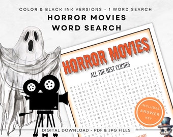 Może przedstawiać: Drukowana krzyżówka z motywem Halloween z duchem i starą kamerą filmową. Krzyżówka nosi tytuł "Szukaj słów z filmów grozy" i zawiera tekst "Wszystkie najlepsze schematy".