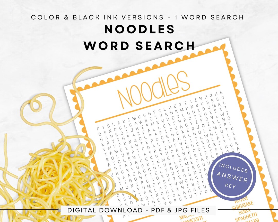 Noodles Word Search, Instant Download Print in Color/black Ink US