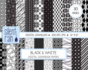 May include: A collection of black and white digital scrapbook papers with various geometric and floral patterns. The image includes text that reads "Silent Rain," "Digital Download," and "Black & White Digital Scrapbook Papers." Each paper measures 12 x 12 inches.