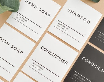 Minimalist White and Black Waterproof Labels for Kitchen + Bathroom | Home Organization | Hand + Dish Soap | Lotion | Shampoo + Conditioner