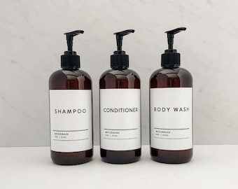 Refillable Amber Plastic Dispenser Bottle | White Label | Minimalist Shampoo, Conditioner, Body Wash Dispensers - 16oz