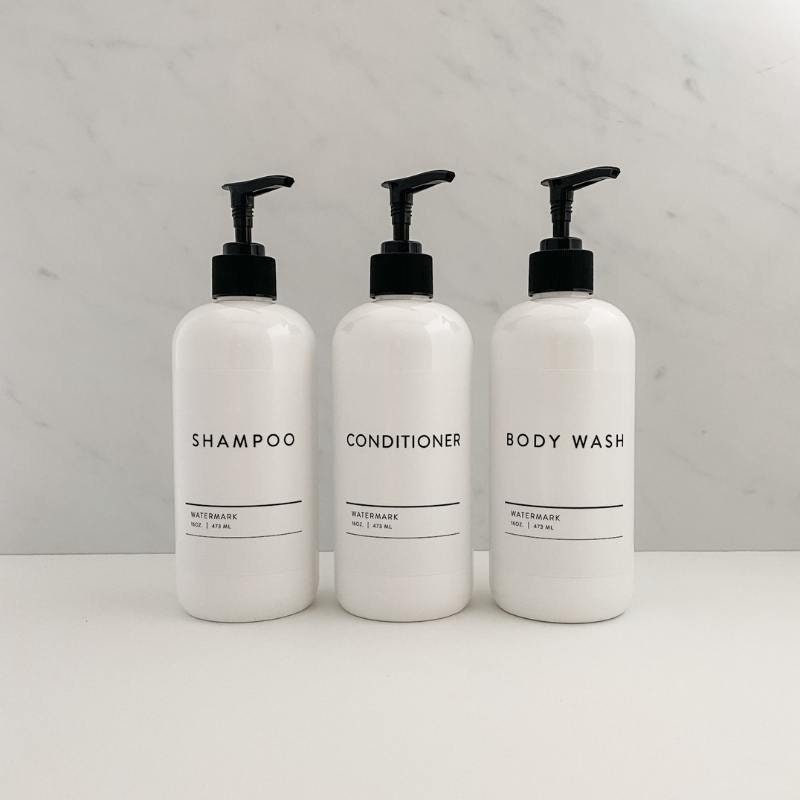 Refillable White Plastic Dispenser Bottles | White Label | Minimalist Shampoo, Conditioner, Body Wash Dispensers - 16oz