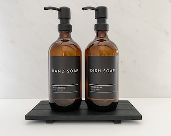 Amber Glass Soap Dispenser Bottle | Dish Soap, Hand Soap and Lotion Bottle w/ Black Label & Plastic, Brass or Black Matte Metal Pump - 16oz