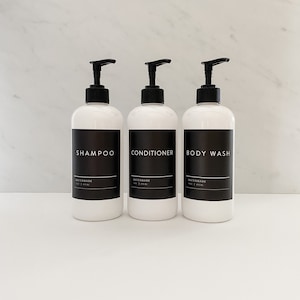 Refillable White Plastic Dispenser Bottles | Black Label | Minimalist Shampoo, Conditioner, Body Wash Dispensers - 16oz
