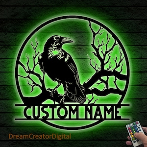 Custom Raven Metal Wall Art LED light, Metal Crow Sign, Crow Moon Name Sign, Living Room Decor,Xmas gift, Personalized Black Crow Metal Sign