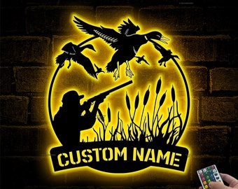 Custom Duck Hunting Metal Wall Art LED Light Personalized Hunter Name Sign Home Decor Duck Cabin Decoration Hunting Sign Birthday Gift