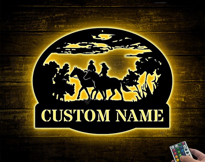 Custom Cowboy Cowgirl Couple Metal Wall Art LED Light Western Riding Cowboy Metal Sign Home Decor Cowgirl sign,Western sign Valentine Gift