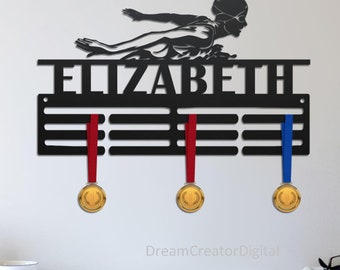 Swim Diving Medal Display Award Display, Swimming Medal Holder Custom Swimming Medal Hanger with Name, 12 Rungs for Medals & Ribbons