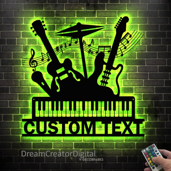 Guitar Drum Piano Art Metal Sign, Personalized Musical Mix Metal Wall Art Led Light, Custom Music Studio Name Sign Musician Sign Xmas gifts