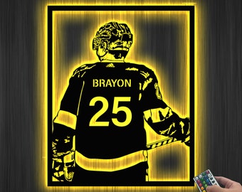 Nombre personalizado del jugador de hockey y signo de número, arte de la pared de hockey, decoración de la pared de hockey, signo de metal de hockey personalizado, signo de palo de hockey, regalo para el hijo