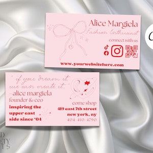 Editable Pink Coquette Bow Premium Business Card Fashion Owner, Canva Template QR Code, DIY Creative Editable Business Card