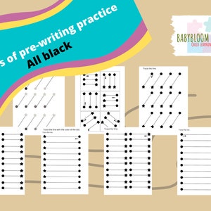 Puede incluir: 7 páginas de ejercicios de preescritura para niños. Las hojas de trabajo presentan líneas y puntos negros para trazar. El texto en la página dice "7 páginas de práctica de preescritura Todo negro".
