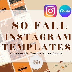 Peut inclure: Un collage de 80 modèles Instagram sur le thème de l'automne pour Canva. Les modèles présentent une variété de designs, notamment des feuilles, des citrouilles et d'autres éléments automnaux. Le texte "fall + 80 FALL INSTAGRAM TEMPLATES" est affiché en brun sur un fond beige. Le texte "Customable Templates on Canva" est affiché en brun sur un fond beige.