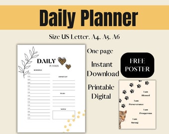 Daily Planner Printable and Downloadable Hourly Planner keeps you organized every day, US Letter size, A4, A5, A6 and  Free poster 18 x 24