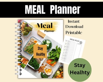 May include: A printable meal planner with a colorful cover featuring a variety of healthy food containers. The cover text reads "Meal Planner" and "Stay Healthy". The planner includes a meal plan template and is an instant download.