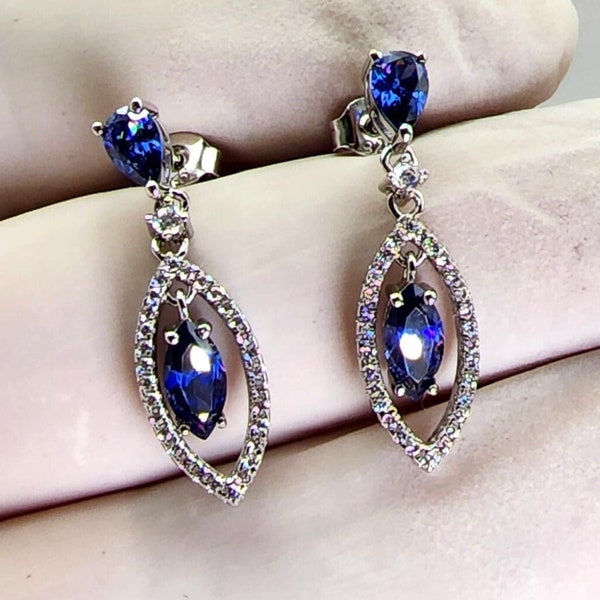 Dancing Blue Sapphire Earrings with Diamonds Marquise Dangle & Drop Earrings Sapphire Earrings 25 mm Long White Gold Finish over Sterling