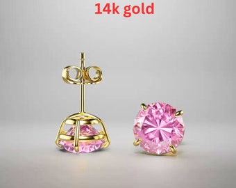 Aretes rosados Aretes de oro amarillo real de 14 k con cierres a presión Aretes redondos de diamantes rosados creados