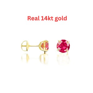 Women's Ruby Earrings Real 14k Yellow Gold Screw-Back Round Created Red Ruby Solitaire Earrings Minimalist