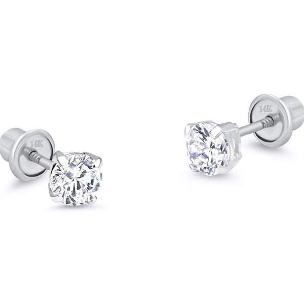Tiny 2mm Studs Earrings Real 14k White Solid Gold 0.05 ct Created Diamond Small Size Nickel-Free Stackable Earrings Screw-Backs