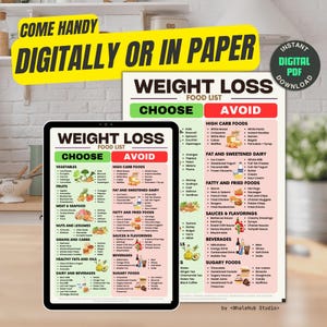 Peut inclure: Une liste d'aliments pour la perte de poids, disponible en version num&eacute;rique et imprim&eacute;e. La liste est divis&eacute;e en sections "Choisir" et "&Eacute;viter", avec des cat&eacute;gories comme les l&eacute;gumes, les fruits et les glucides. Une tablette affiche la version num&eacute;rique.
