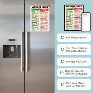 Peut inclure: Un r&eacute;frig&eacute;rateur avec une liste d'aliments pour la perte de poids magn&eacute;tique. La liste est divis&eacute;e en sections "Choisir" et "&Eacute;viter". Une tablette affiche la m&ecirc;me liste. Le texte suppl&eacute;mentaire comprend "Pour la liste de courses".