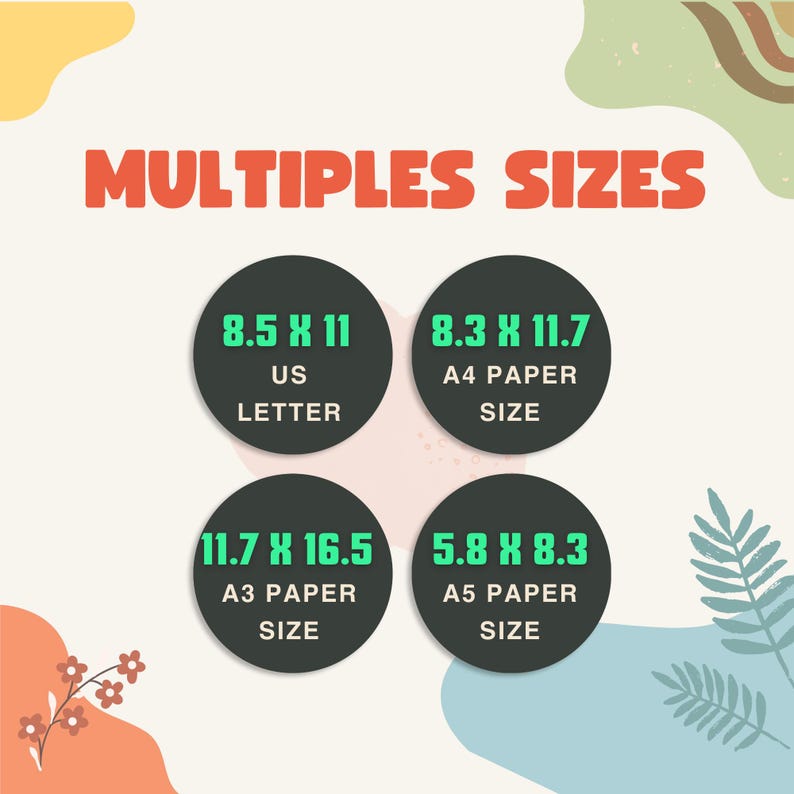 Peut inclure: Image pr&eacute;sentant les formats de papier : 8,5 x 11 pouces US Letter, 21 x 29,7 cm A4, 29,7 x 42 cm A3 et 14,8 x 21 cm A5. Le texte "MULTIPLES SIZES" est en orange. Chaque taille est dans un cercle vert fonc&eacute;.