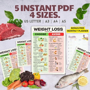 Peut inclure: Plusieurs tableaux de listes d'aliments pour la perte de poids avec le texte "WEIGHT LOSS FOOD LIST CHOOSE AVOID". L'image comprend des l&eacute;gumes frais, des fruits, de la viande, des fruits de mer et un planificateur mensuel en prime. Le texte "5 INSTANT PDF 4 SIZES" est &eacute;galement visible.