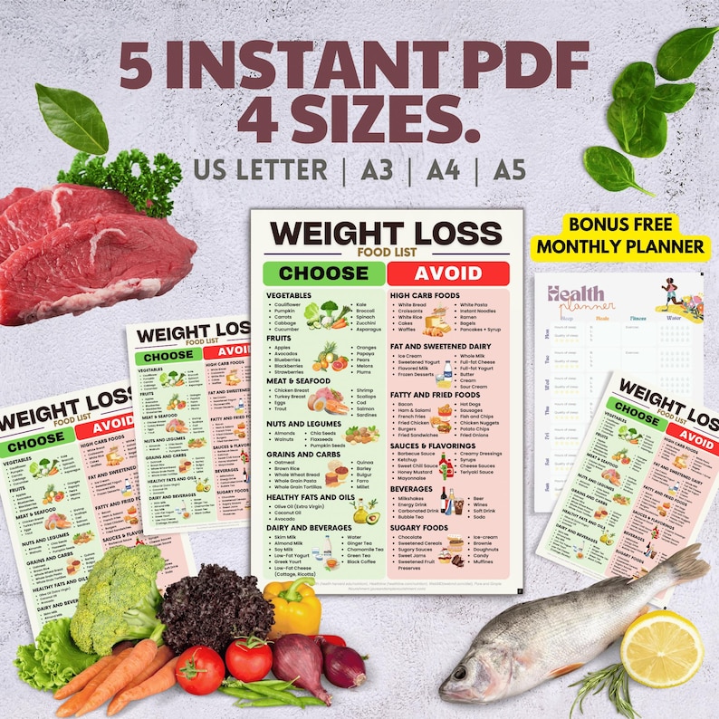 Peut inclure: Plusieurs tableaux de listes d'aliments pour la perte de poids avec le texte "WEIGHT LOSS FOOD LIST CHOOSE AVOID". L'image comprend des l&eacute;gumes frais, des fruits, de la viande, des fruits de mer et un planificateur mensuel en prime. Le texte "5 INSTANT PDF 4 SIZES" est &eacute;galement visible.