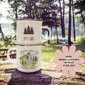 Personalized Scenic Enamel Camping Mug, Nature Lover's Cup, Campfire Gift, Camping Mug, Camper Gift, Personalized Camping Mug, Camping.