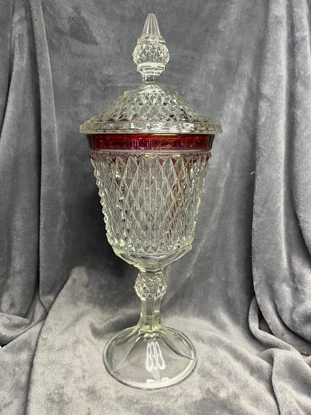 Ruby Diamond Point Vintage Indiana Glass Ruby Diamond Point Urn/candy Pedestal Dish With ...