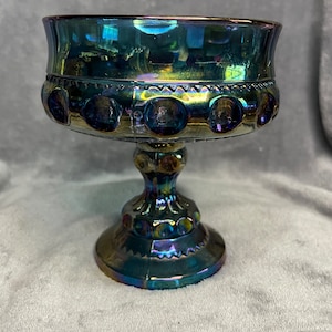 Vintage Indiana Blue Carnival Glass, Kings Crown Open Compote Thumbprint Pedestal Candy Dish