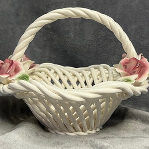Vintage Vintage Porcelain Woven Basket with Roses-read description