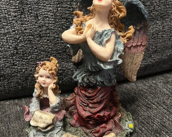 Vintage Angel Praying Over Little Girl Sculpted Resin Figurine