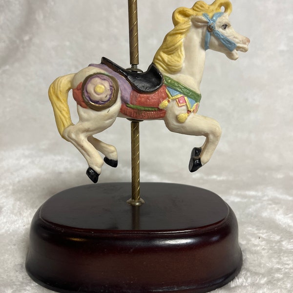 Vintage Musical Carousel Horse / stationary on brass post with wooden base