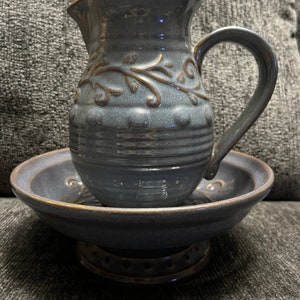 Vintage Glazed Pottery Pitcher and Pedestal Bowl Stand-read description and see pics