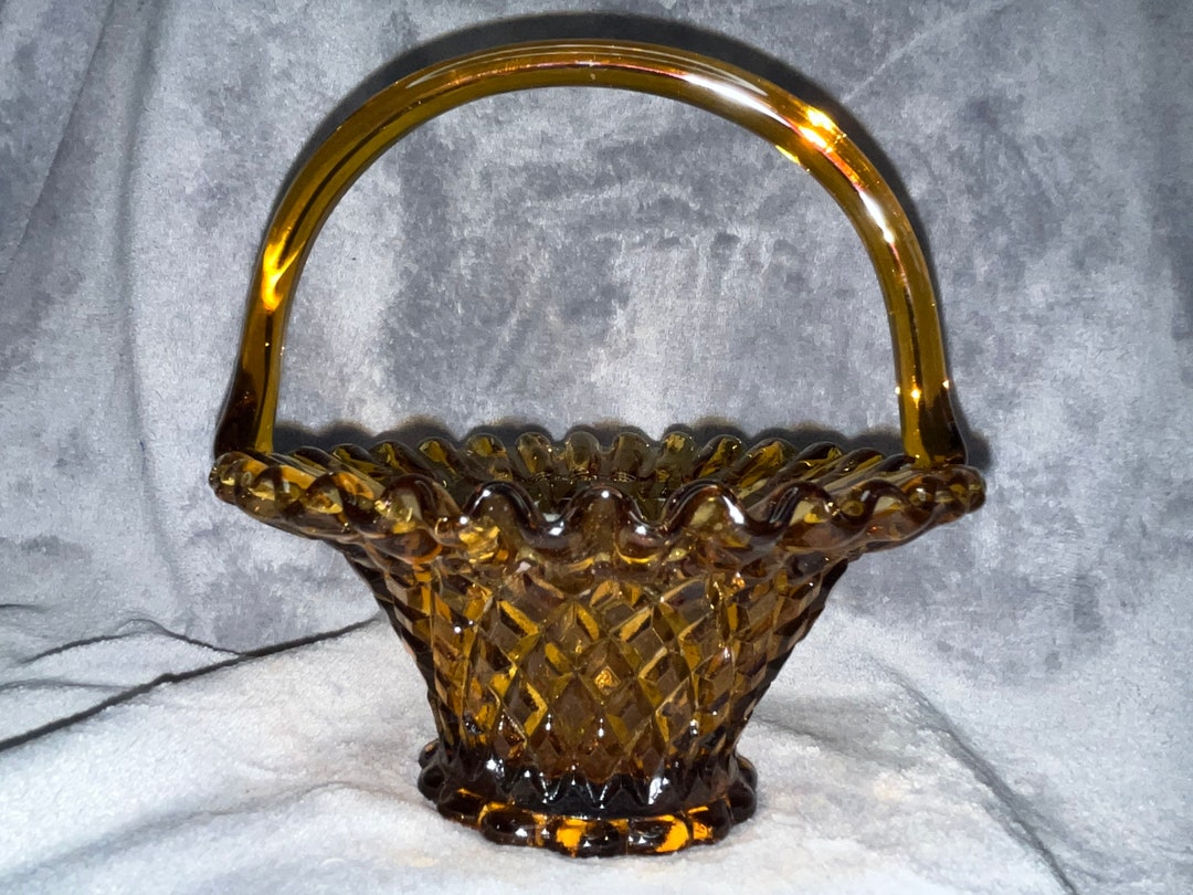 Vintage Indiana Fenton Amber Glass Basket Candy Dish Handle Ruffle Rim