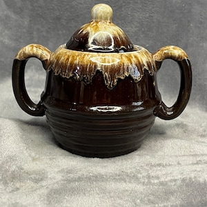 Vintage Brown Individual Sugar Bowl with Drip Glaze and Ringed or Beehive Design