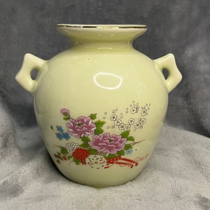 Vintage Two Handle Floral White Asian Porcelain Vase