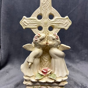 Vintage Porcelain Cross With Two Kissing Angels Figurine