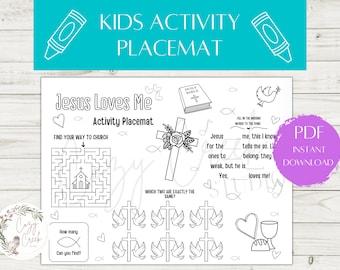 Printable Jesus Loves Me Activity Placemat | Restaurant Activity Placemat | Coloring Placemat | Christian Activity Color Page |