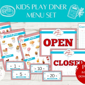 Afdrukbare dinermenuset voor kinderen | Fantasiespelmenu's voor kinderen, gastencheques, bord open en gesloten, oefengeld | Restaurantmenu Dramatic Play
